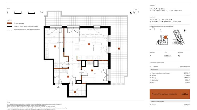 Rzut - Mieszkanie na sprzedaż 3 pokoje o powierzchni 65,07 m² - numer 45 w MY Głębocka