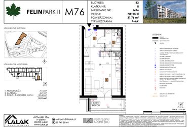 Rzut - Mieszkanie na sprzedaż 1 pokój o powierzchni 31,81 m² - numer M76 w Felin Park II etap 2