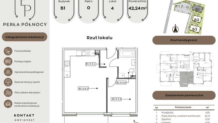 Rzut - Mieszkanie na sprzedaż 2 pokoje o powierzchni 42,24 m² - numer B1.0_4 w Perła Północy etap 2