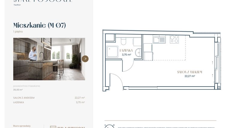 Rzut - Mieszkanie na sprzedaż 1 pokój o powierzchni 26,02 m² - numer M.7 w Stare Podgórze
