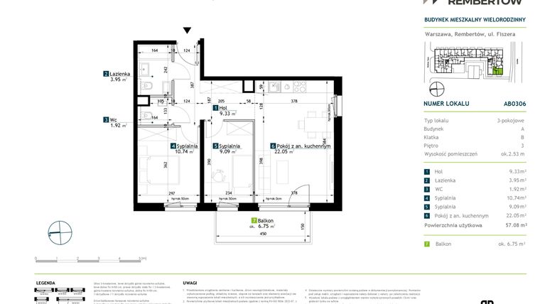 Rzut - Mieszkanie na sprzedaż 3 pokoje o powierzchni 57,08 m² - numer AB0306 w Stacja Rembertów
