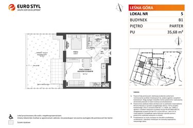 Rzut - Mieszkanie na sprzedaż 2 pokoje o powierzchni 35,68 m² - numer 5 w Leśna Góra
