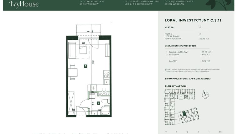 Rzut - Mieszkanie na sprzedaż 1 pokój o powierzchni 26,95 m² - numer C.3.11 w IVY HOUSE - Apartamenty inwestycyjne