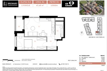 Rzut - Mieszkanie na sprzedaż 2 pokoje o powierzchni 47,49 m² - numer B1.1.84 w Browary Tarnowskie etap 1