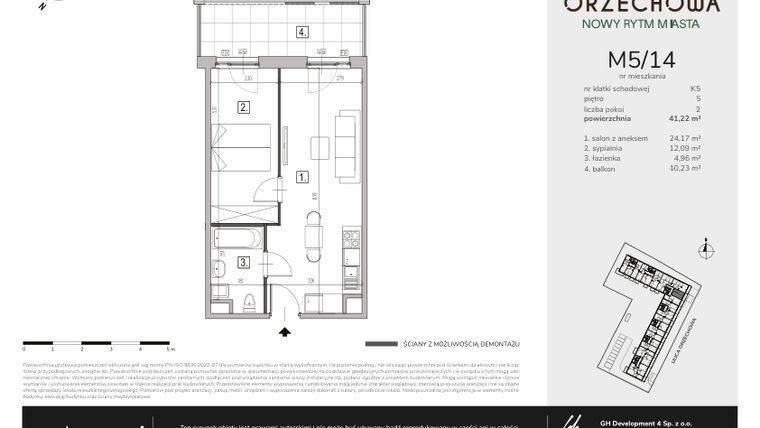 Rzut - Mieszkanie na sprzedaż 2 pokoje o powierzchni 41,22 m² - numer M5/14 w Orzechowa