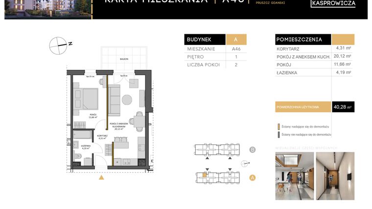 Rzut - Mieszkanie na sprzedaż 2 pokoje o powierzchni 40,28 m² - numer A.46 w Osiedle Kasprowicza