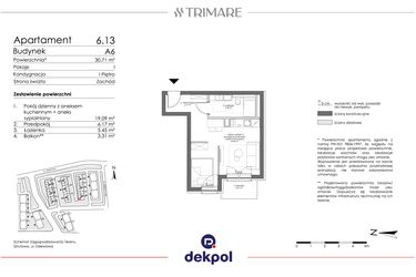 Rzut - Mieszkanie na sprzedaż 1 pokój o powierzchni 30,15 m² - numer 6.13 w Trimare