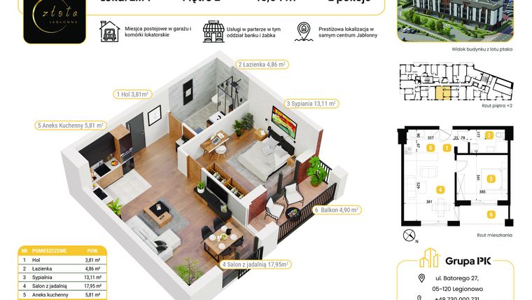 Rzut - Mieszkanie na sprzedaż 2 pokoje o powierzchni 45,54 m² - numer 2M04 w Złota Jabłonna