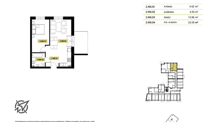 Rzut - Mieszkanie na sprzedaż 3 pokoje o powierzchni 52,33 m² - numer 2M6 w Stary Browar bud. 2