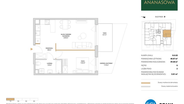 Rzut - Mieszkanie na sprzedaż 2 pokoje o powierzchni 49,68 m² - numer D.0.02 w Ananasowa