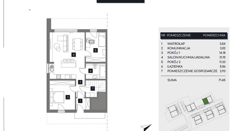 Rzut - Mieszkanie na sprzedaż 3 pokoje o powierzchni 71,45 m² - numer M11A w Rudava Park