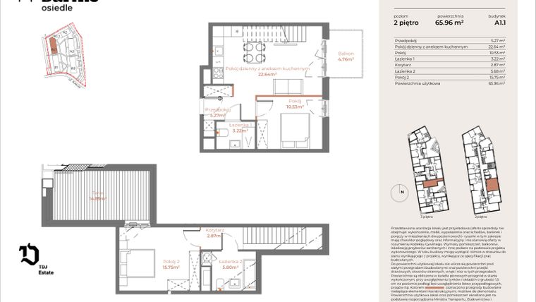 Rzut - Mieszkanie na sprzedaż 3 pokoje o powierzchni 65,96 m² - numer A1.1-02.01 w Sarnie Osiedle