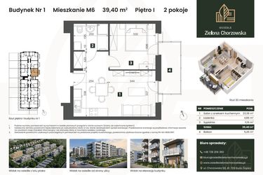 Rzut - Mieszkanie na sprzedaż 2 pokoje o powierzchni 39,4 m² - numer B1.M6 w Osiedle Zielona Chorzowska