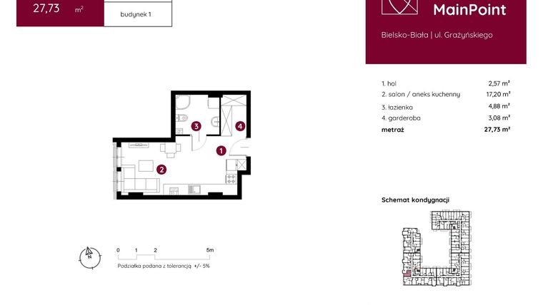Rzut - Mieszkanie na sprzedaż 1 pokój o powierzchni 27,73 m² - numer 1.C.1.09 w Murapol MainPoint