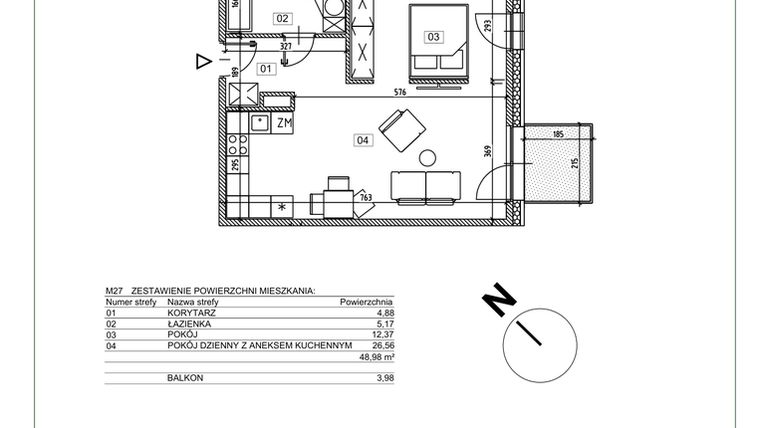 Rzut - Mieszkanie na sprzedaż 2 pokoje o powierzchni 48,98 m² - numer J.M27 w Osiedle Glivia Zachodnia