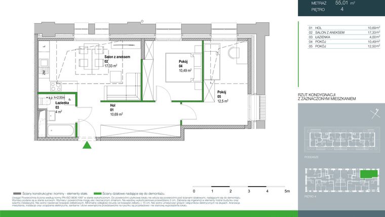 Rzut - Mieszkanie na sprzedaż 3 pokoje o powierzchni 55,01 m² - numer E.1.4.01 w Aroma Park Lofty