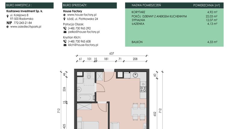 Rzut - Mieszkanie na sprzedaż 2 pokoje o powierzchni 43,15 m² - numer 20 w Osiedle City Park
