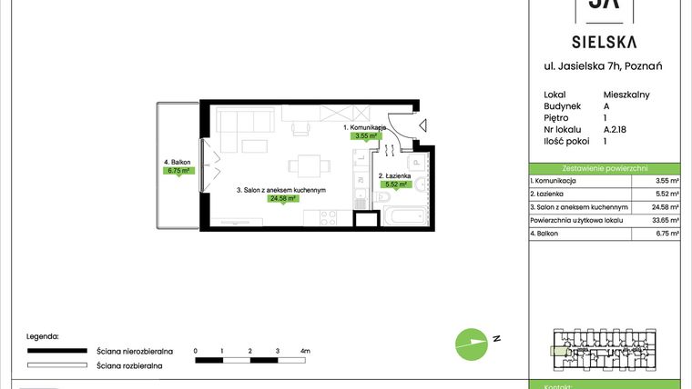 Rzut - Mieszkanie na sprzedaż 1 pokój o powierzchni 33,65 m² - numer A.2.18 w JA_SIELSKA V