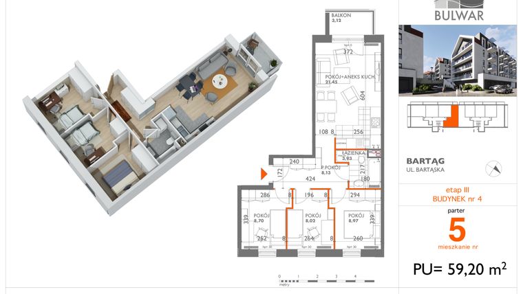 Rzut - Mieszkanie na sprzedaż 4 pokoje o powierzchni 59,2 m² - numer 5 w Osiedle Bulwar bud. 4