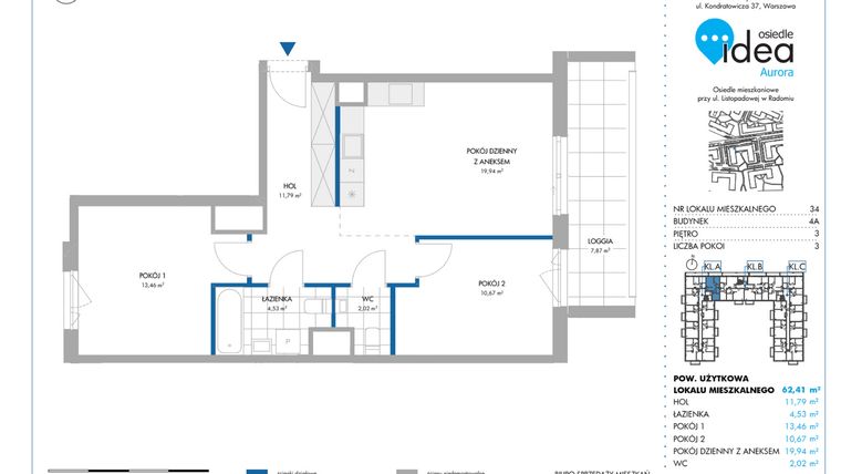 Rzut - Mieszkanie na sprzedaż 3 pokoje o powierzchni 62,62 m² - numer 4A/34 w Osiedle Idea Aurora