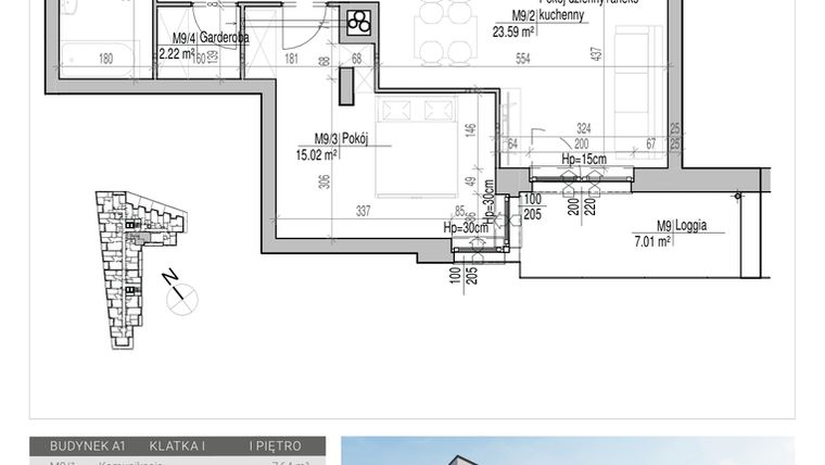 Rzut - Mieszkanie na sprzedaż 2 pokoje o powierzchni 53,9 m² - numer 9 w Aleja
