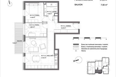 Rzut - Mieszkanie na sprzedaż 3 pokoje o powierzchni 71,01 m² - numer B.2.11 w Polanka 21