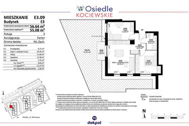 Rzut - Mieszkanie na sprzedaż 3 pokoje o powierzchni 55,08 m² - numer E3.09 w Osiedle Kociewskie bud. E