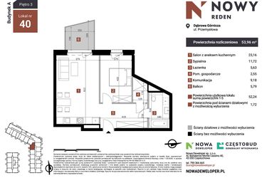 Rzut - Mieszkanie na sprzedaż 2 pokoje o powierzchni 53,96 m² - numer A40 w Nowy Reden
