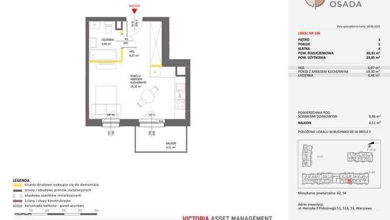 Rzut - Mieszkanie na sprzedaż 1 pokój o powierzchni 30,31 m² - numer E.106 w Piastova Osada
