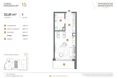 Rzut - Mieszkanie na sprzedaż 1 pokój o powierzchni 32,81 m² - numer 15 w Witkiewicza Apartments