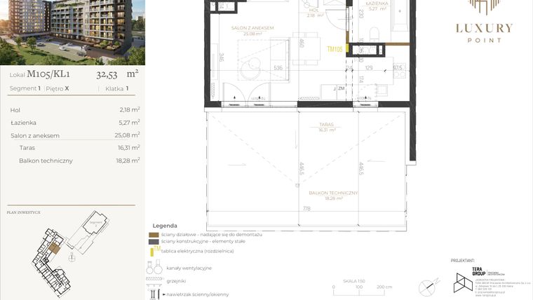 Rzut - Mieszkanie na sprzedaż 1 pokój o powierzchni 32,53 m² - numer M105/KL1 w LUXURY POINT
