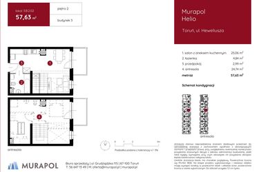 Rzut - Mieszkanie na sprzedaż 1 pokój o powierzchni 57,78 m² - numer 3.B.2.02 w Murapol Helio