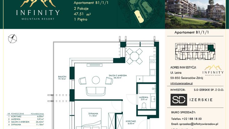Rzut - Mieszkanie na sprzedaż 2 pokoje o powierzchni 47,51 m² - numer B1/1/1 w Infinity Mountain Resort etap 2