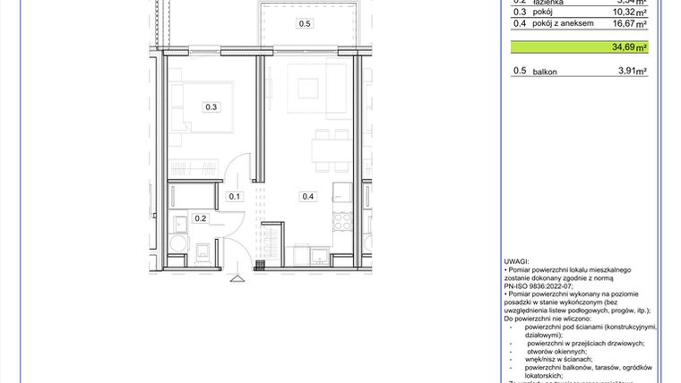 Rzut - Mieszkanie na sprzedaż 2 pokoje o powierzchni 34,69 m² - numer B.13 w EcoBerensona II