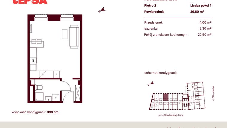Rzut - Mieszkanie na sprzedaż 1 pokój o powierzchni 29,8 m² - numer M209 w Tepsa Kato