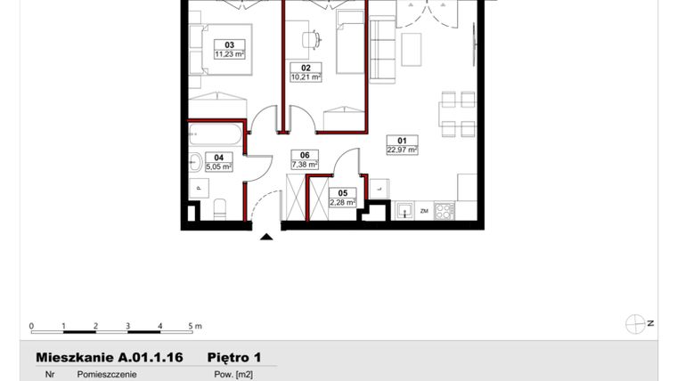 Rzut - Mieszkanie na sprzedaż 3 pokoje o powierzchni 59,11 m² - numer A01.1.16 w Skwer Witosa