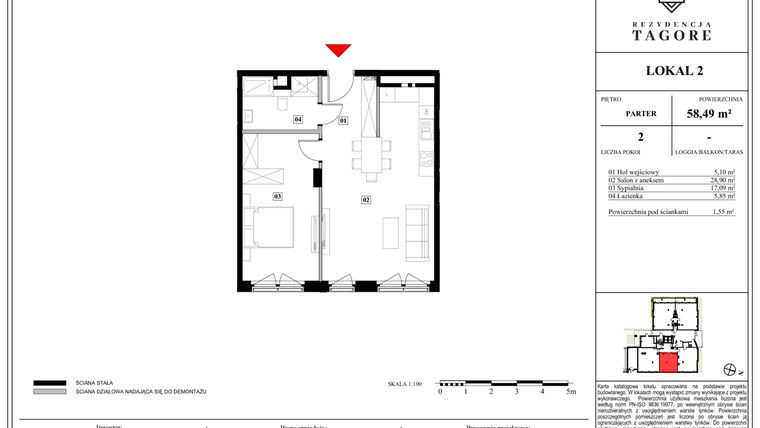 Rzut - Mieszkanie na sprzedaż 2 pokoje o powierzchni 58,49 m² - numer A.0.2 w Rezydencja Tagore