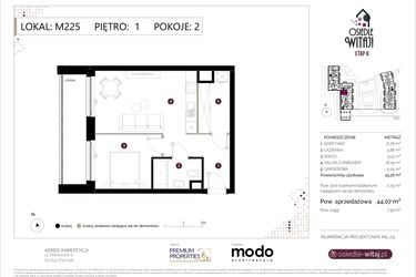Rzut - Mieszkanie na sprzedaż 2 pokoje o powierzchni 44,07 m² - numer M225 w Osiedle Witaj etap II