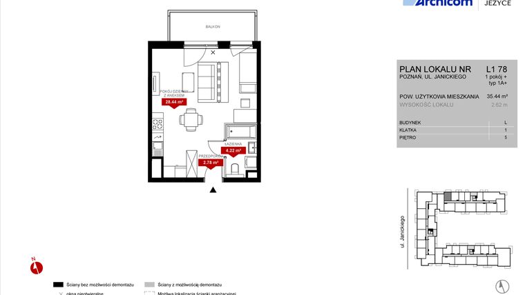 Rzut - Mieszkanie na sprzedaż 1 pokój o powierzchni 35,44 m² - numer L1.78 w Wieża Jeżyce etap VI