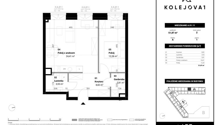 Rzut - Mieszkanie na sprzedaż 2 pokoje o powierzchni 51,87 m² - numer A-01-11 w Kolejova 1