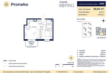 Rzut - Mieszkanie na sprzedaż 2 pokoje o powierzchni 38,6 m² - numer A116 w Osiedle Kompas