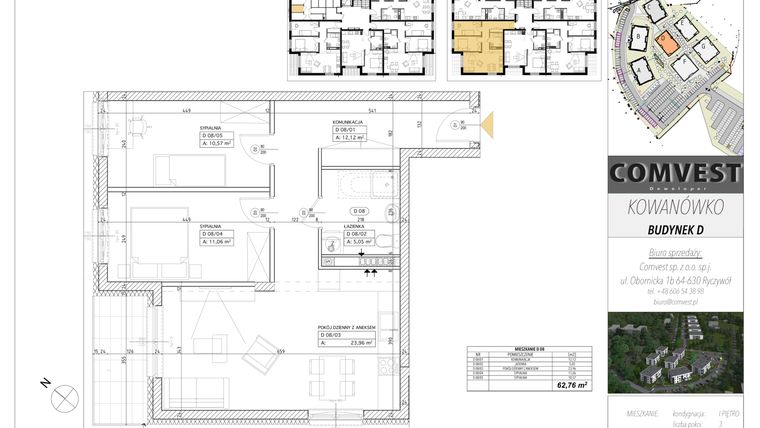 Rzut - Mieszkanie na sprzedaż 3 pokoje o powierzchni 62,76 m² - numer D8 w Kowanówko