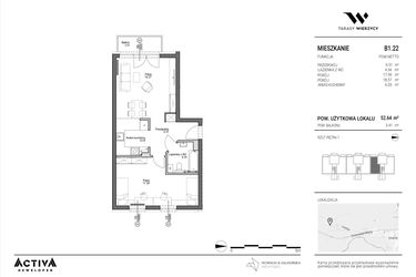 Rzut - Mieszkanie na sprzedaż 2 pokoje o powierzchni 52,64 m² - numer B1.22 w Tarasy Wierzycy