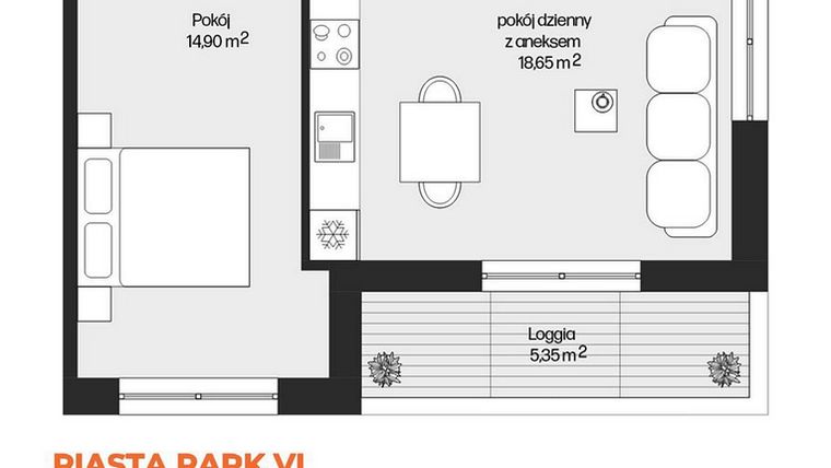 Rzut - Mieszkanie na sprzedaż 2 pokoje o powierzchni 44,29 m² - numer G1-86 w Piasta Park VI