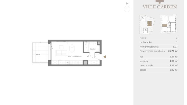 Rzut - Mieszkanie na sprzedaż 1 pokój o powierzchni 26,78 m² - numer B.27 w Ville Garden