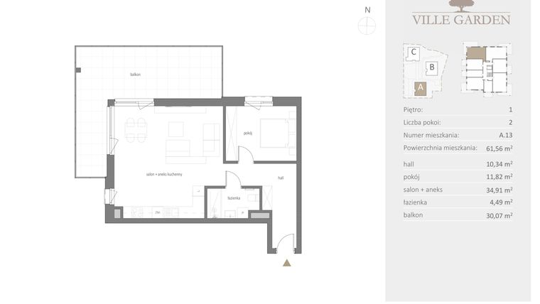 Rzut - Mieszkanie na sprzedaż 2 pokoje o powierzchni 61,56 m² - numer A.13 w Ville Garden