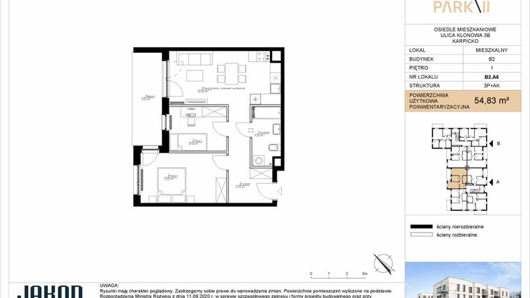 Rzut - Mieszkanie na sprzedaż 3 pokoje o powierzchni 54,83 m² - numer B2.A6 w Merano Park II