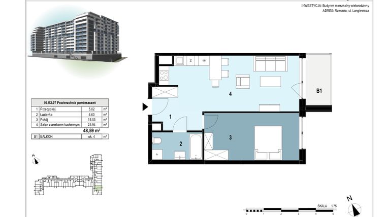 Rzut - Mieszkanie na sprzedaż 2 pokoje o powierzchni 48,59 m² - numer 06.K2.07 w Langiewicza 37