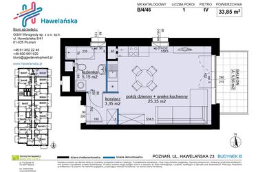 Rzut - Mieszkanie na sprzedaż 1 pokój o powierzchni 33,85 m² - numer B/4/46 w Osiedle Hawelańska etap III - bud. B