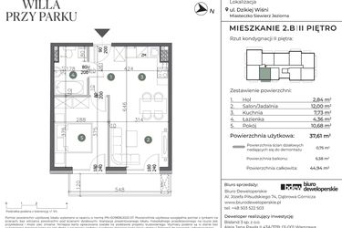 Rzut - Mieszkanie na sprzedaż 2 pokoje o powierzchni 37,61 m² - numer 2.B w Willa przy parku